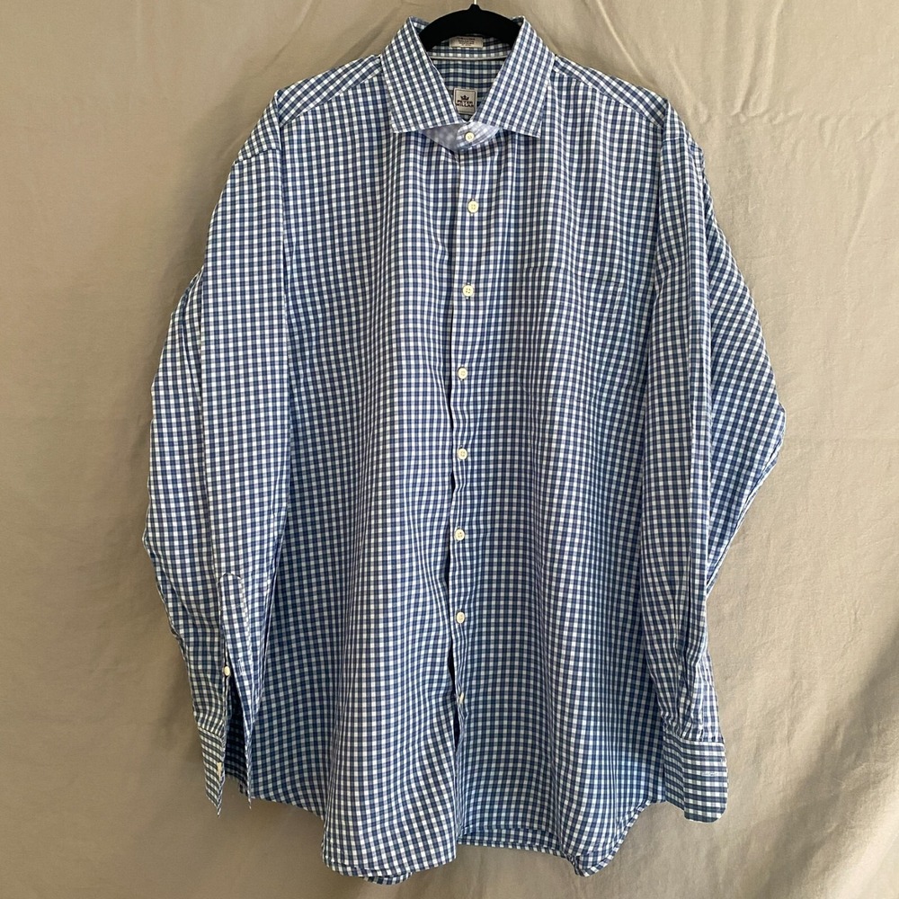 Peter Millar Mens XL‎ 100% Cotton Plaid Button-Down Dress Casual Shirt Blue